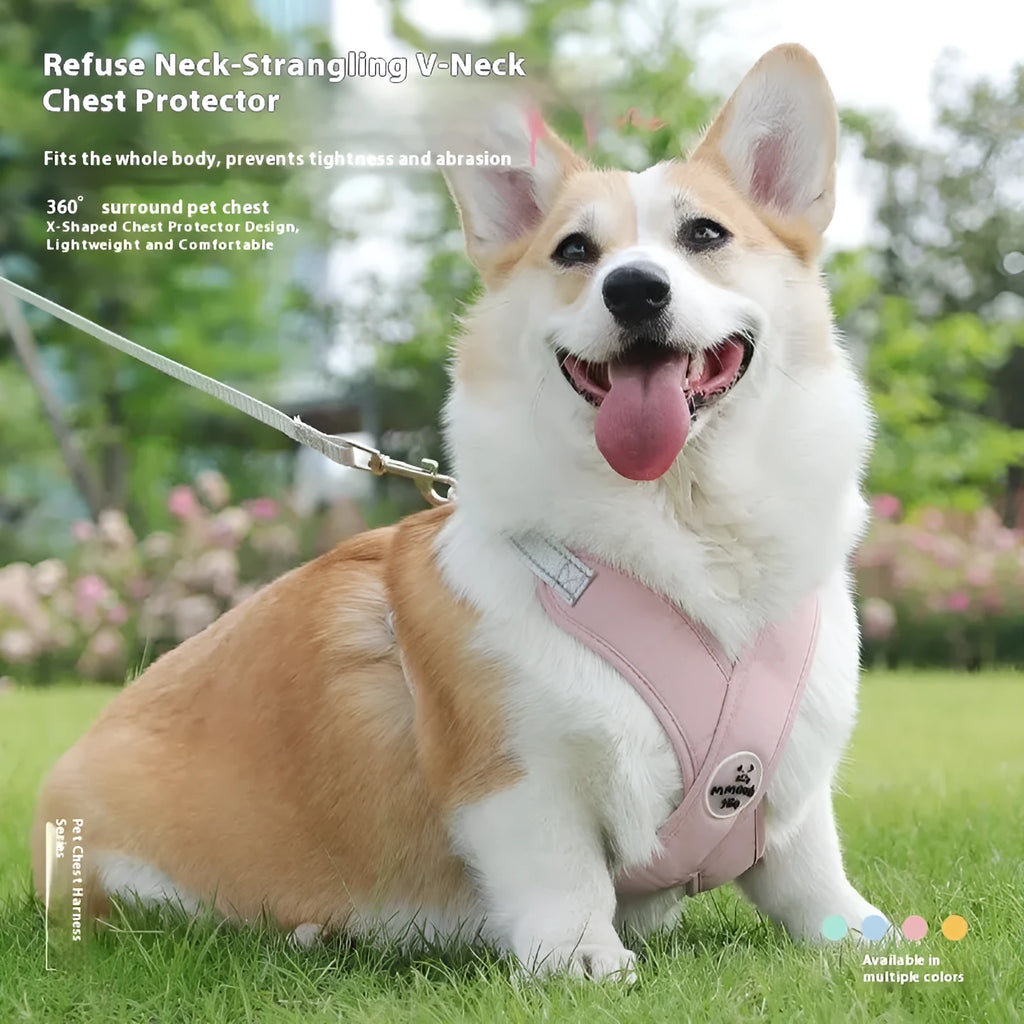 Dog walking vest with attached hand-holding rope in blue, green, pink or yellow colours