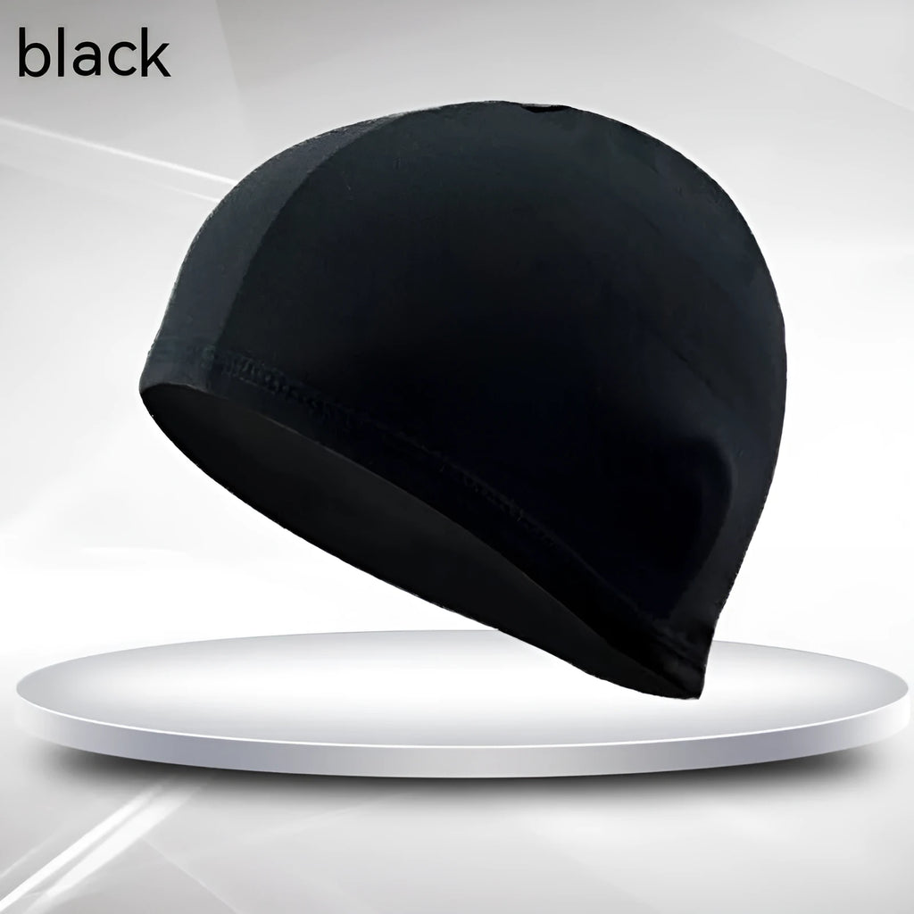 Black single-line polyester swimming cap for unisex adult use.