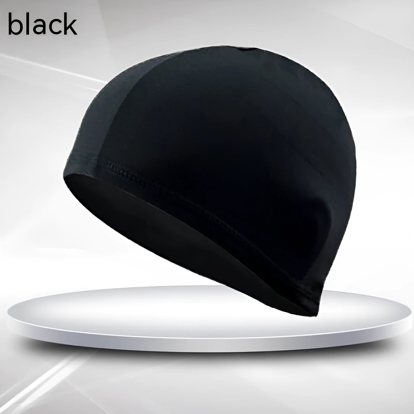 Black single-line polyester swimming cap for unisex adult use.