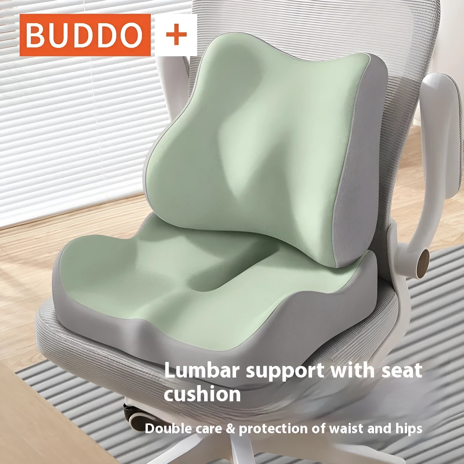 A solid colour memory foam seat cushion for lumbar support, shown in a grey colour option on an office chair.