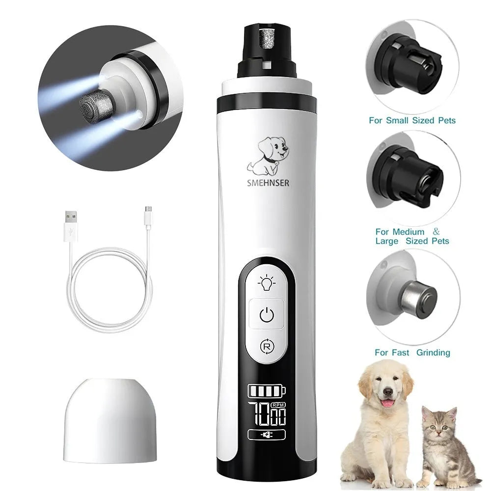3-speed LED electric nail trimmer for dogs with dust collection system.