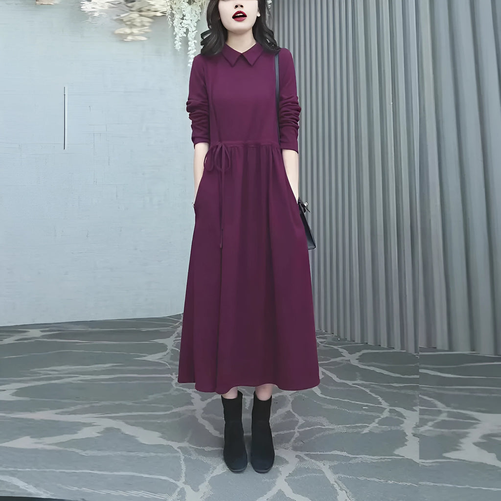 Purplish red plus size women's dress with extra long sleeves and long skirt length