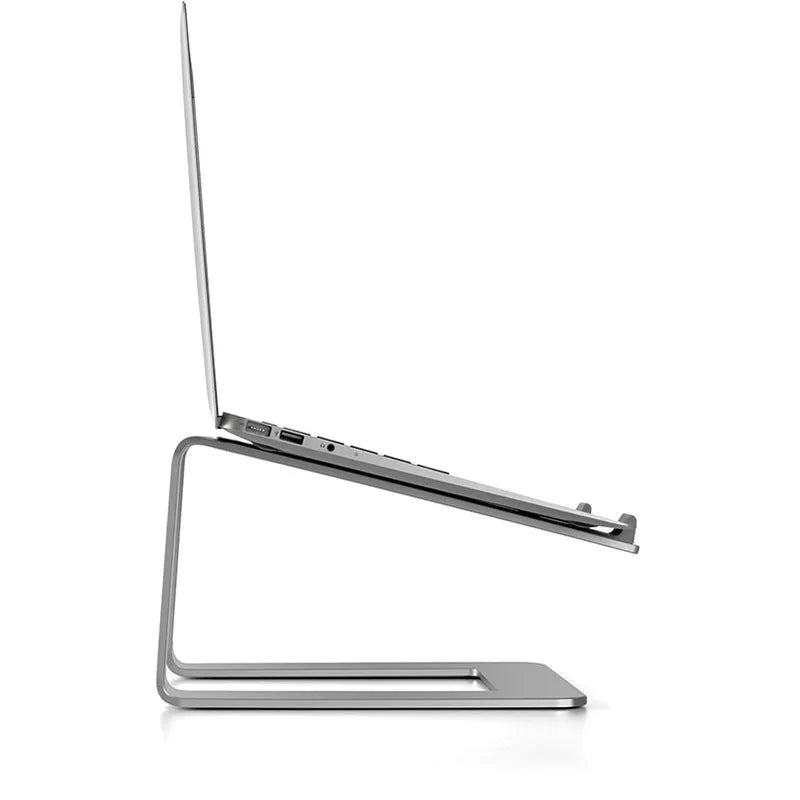 Black aluminium alloy laptop stand folded on desk next to silver version