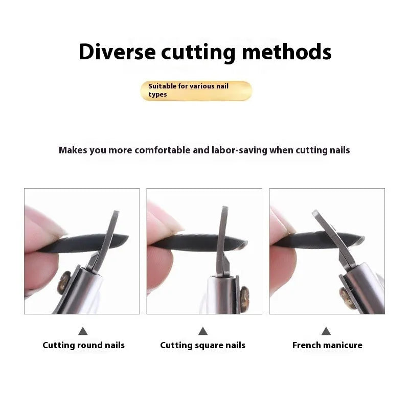 Stainless steel French U-shaped nail art scissors shown in electrophoresis black, colour titanium, and silver thin handle options.
