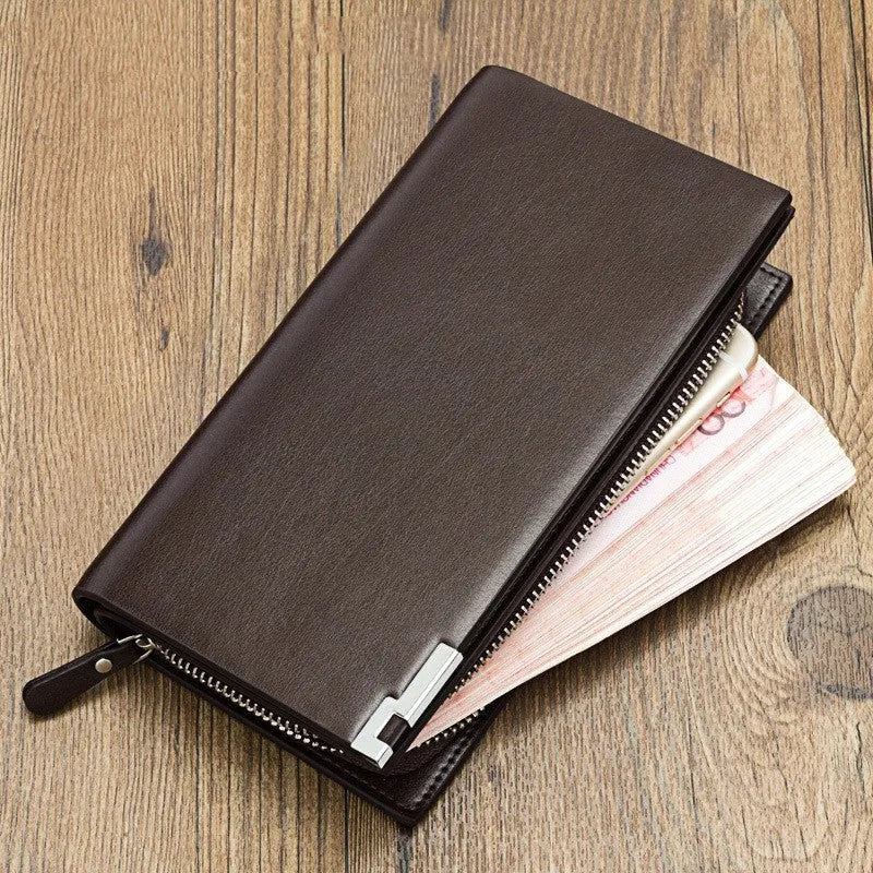 Men's black PU leather wallet with a long silver zip closure.