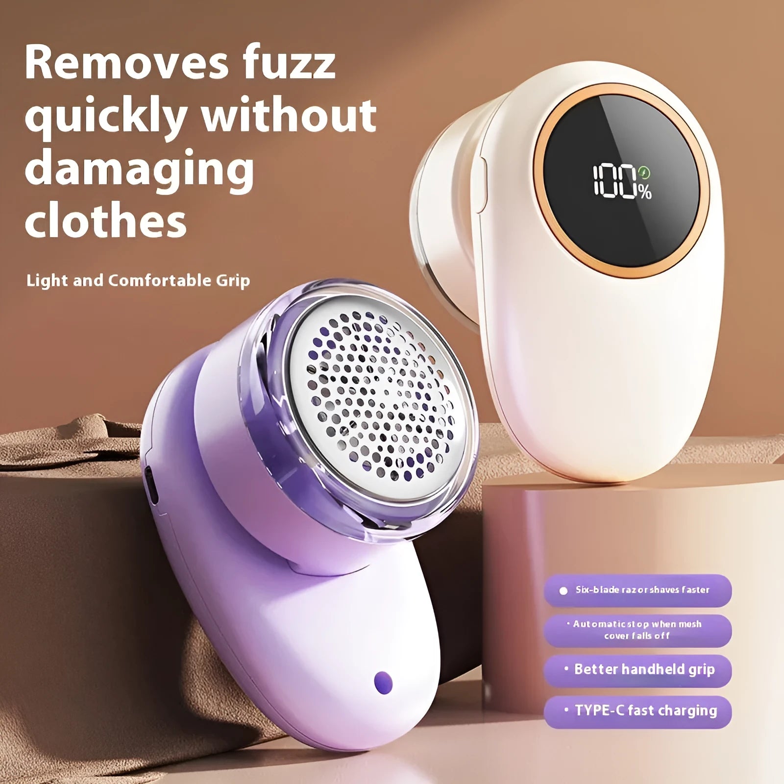 Purple and beige digital fur ball trimmer with LED display and multiple replaceable cutter heads on a fabric sofa.