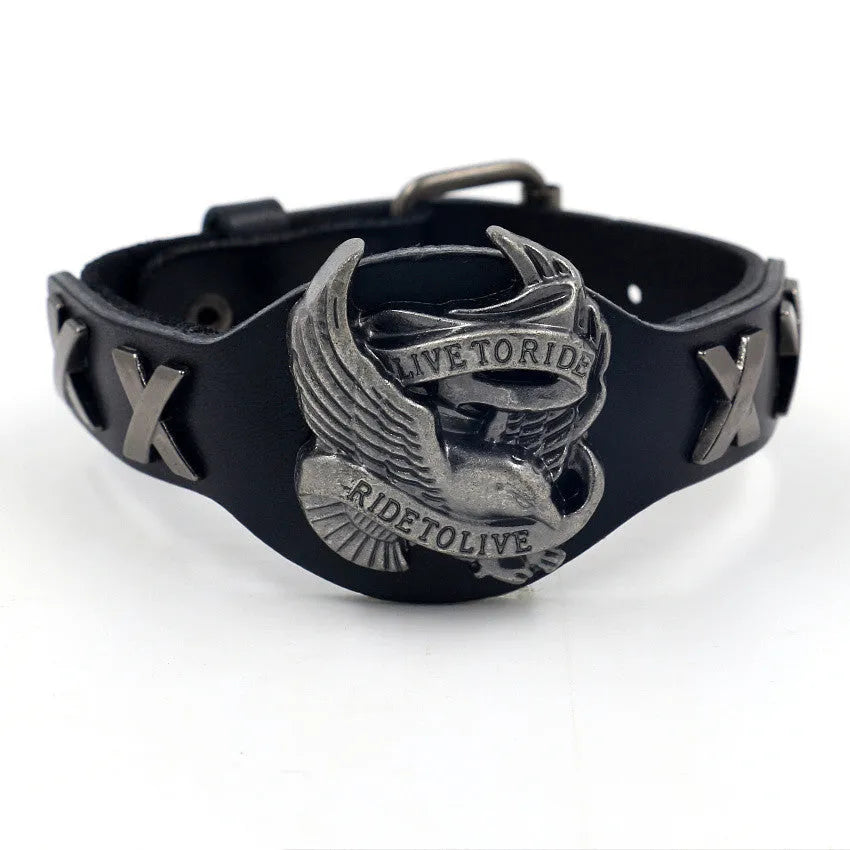 Black geometric leather bracelet with alloy eagle watch-buttom fastening showing tapered width design