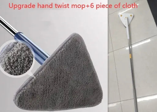 Blue extendable triangle cleaning mop with rotatable head on a stainless steel pole.