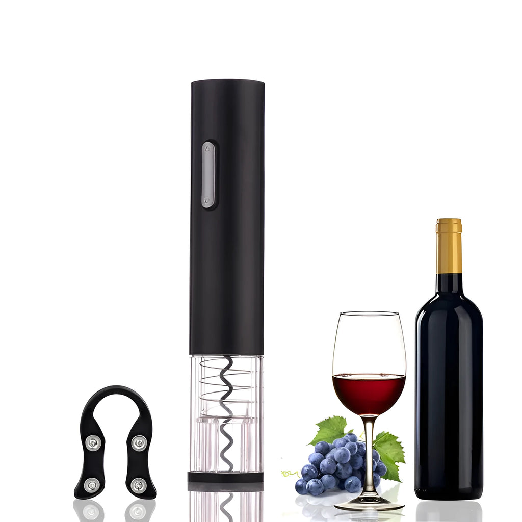 Black automatic electric wine bottle opener with integrated foil cutter on a countertop