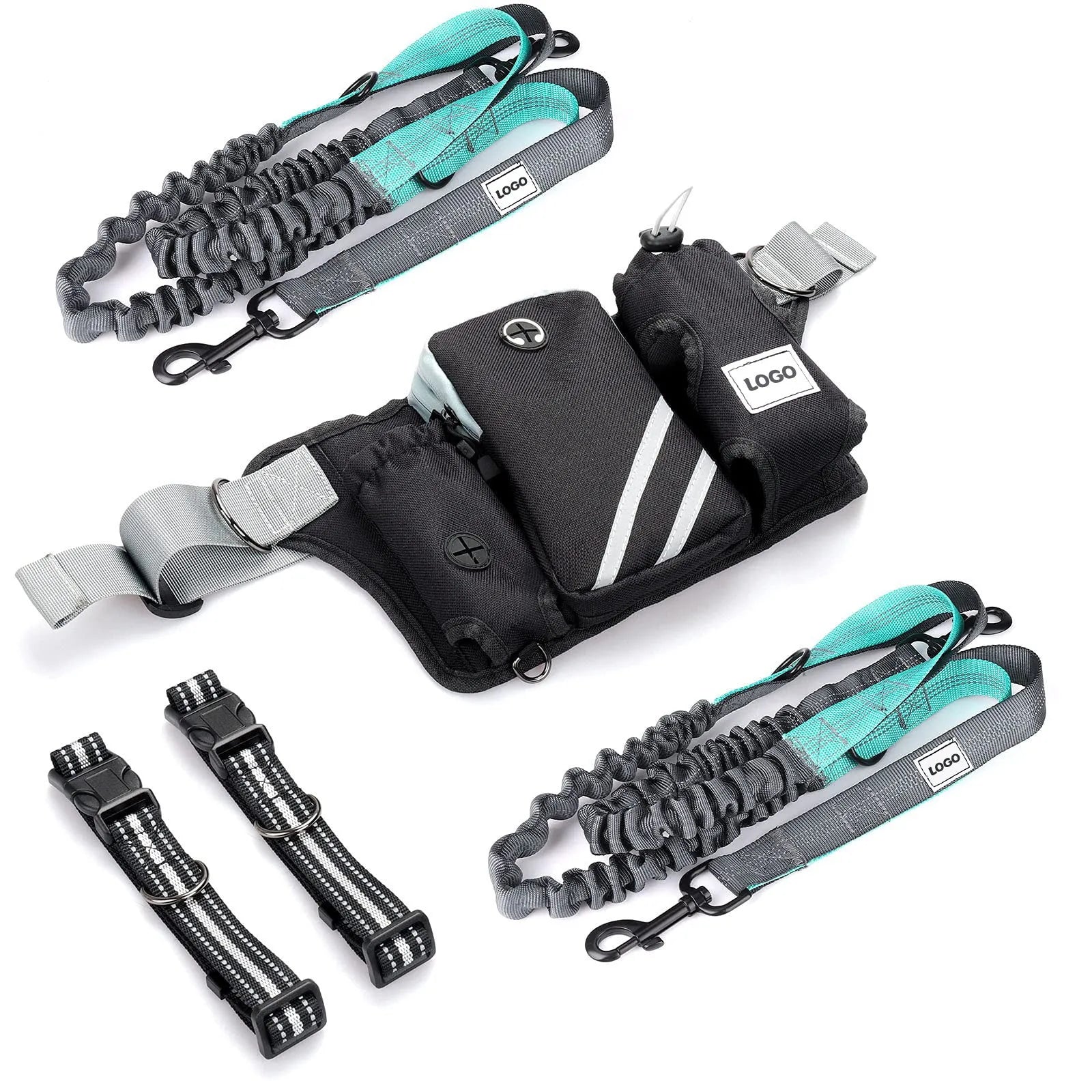 Black nylon outdoor dog walking waist bag and leash set for hands-free pet training