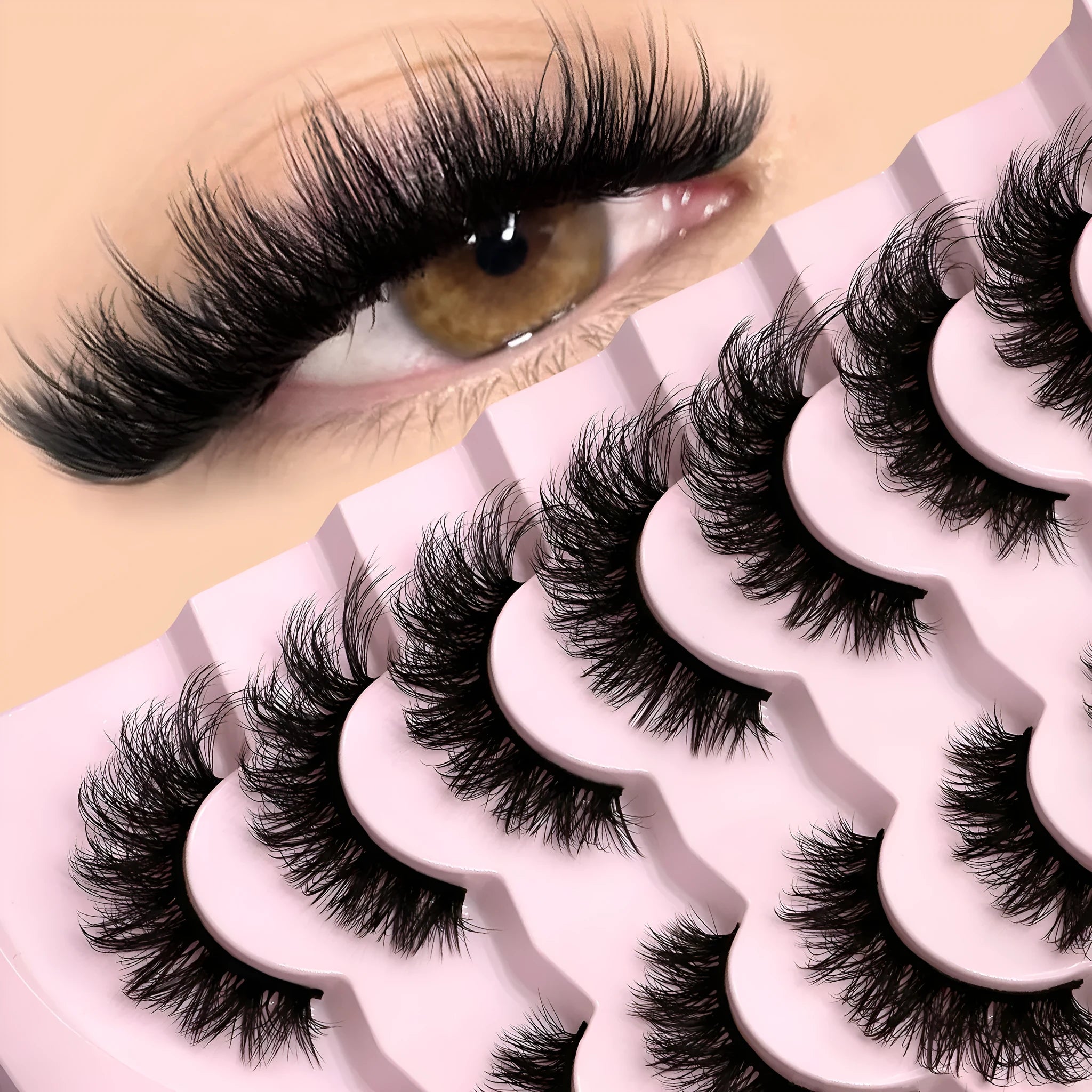 Six style false eyelashes with artificial fibre construction and included eyelash glue