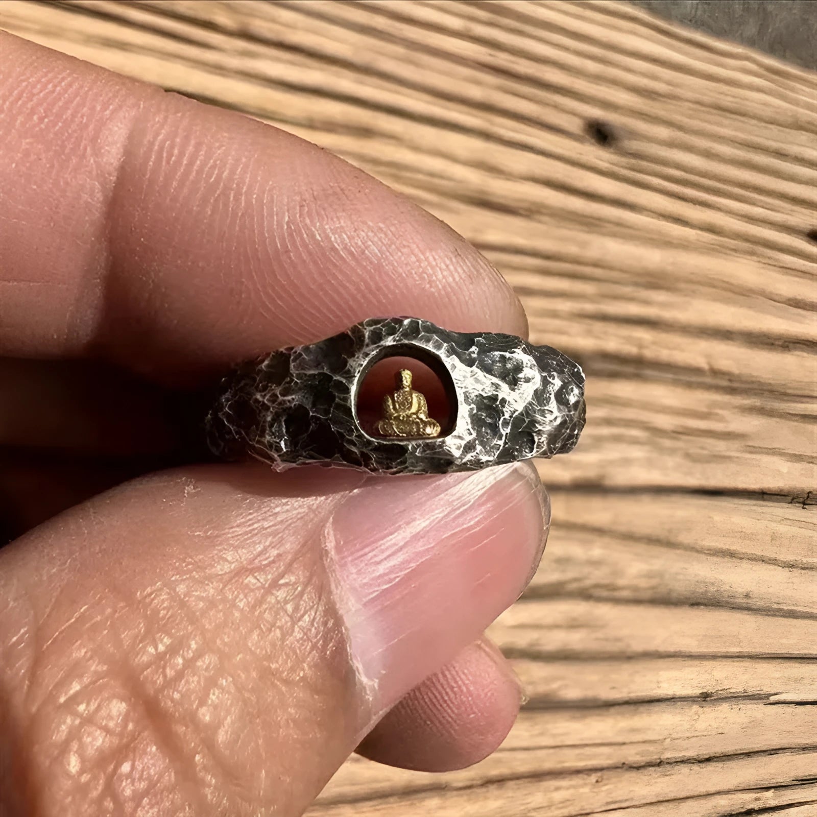 Copper Grotto Buddha ring with rock texture finish, hand-forged construction, size 8 measurement