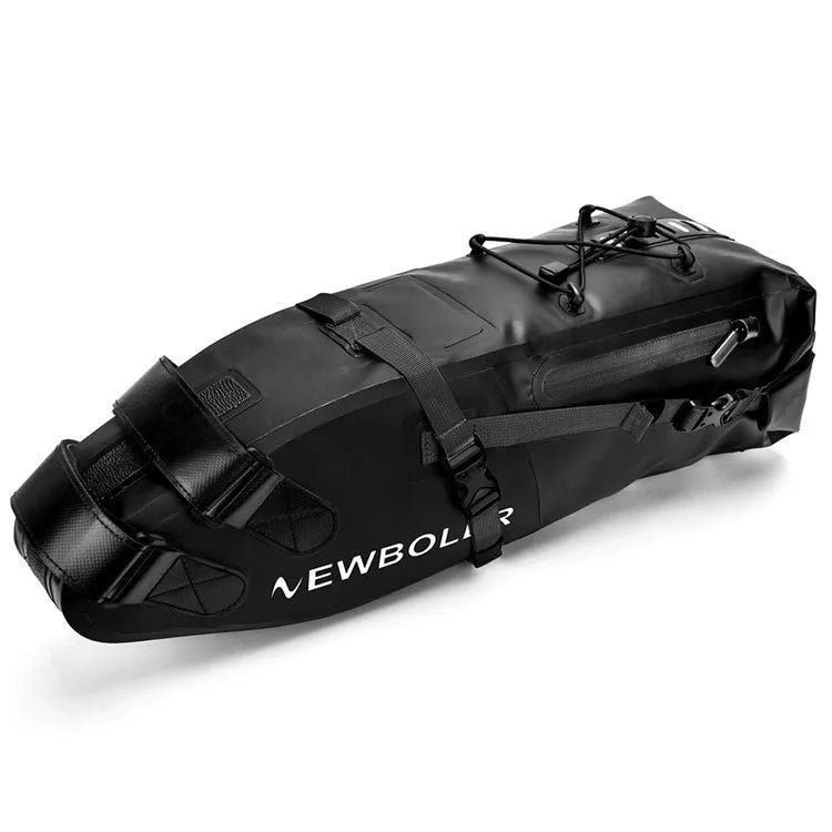 Waterproof PVC bicycle tail bag in yellow, black, or green, showing 13L capacity and dimensions.