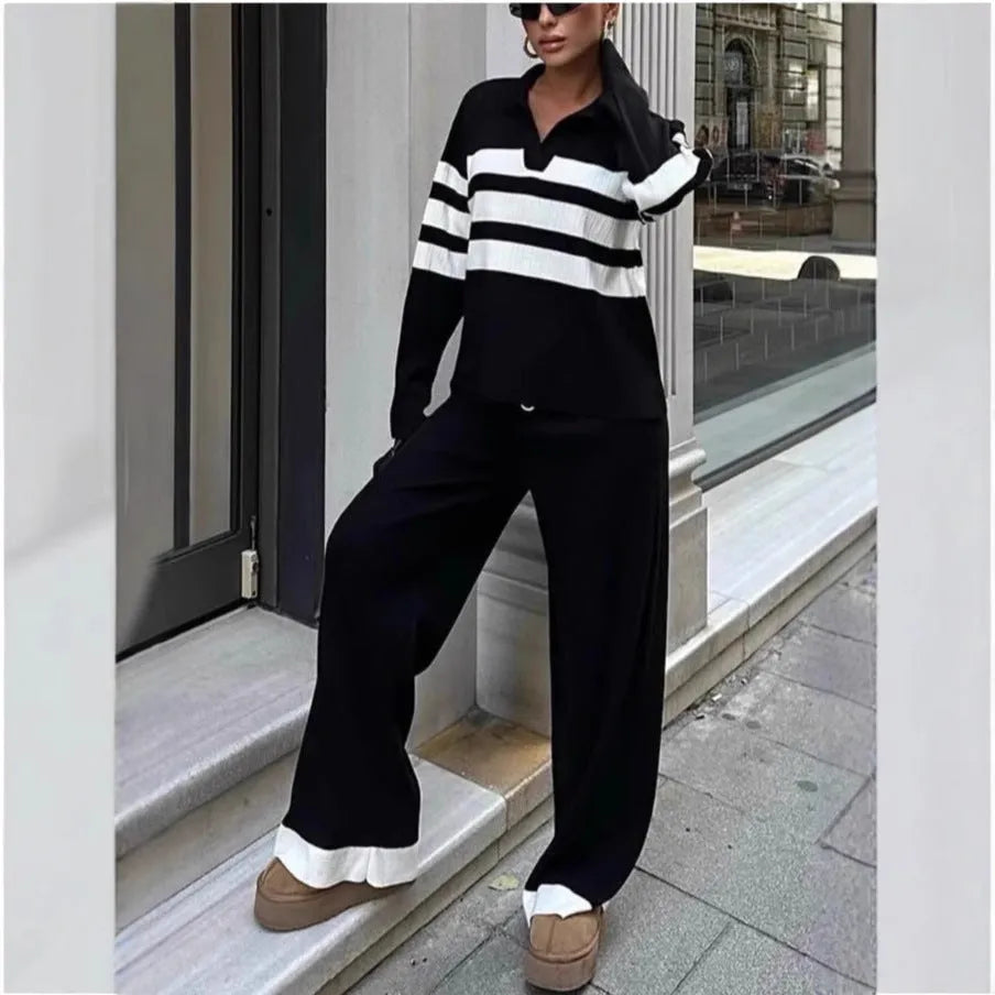 Women's black and white striped polo collar knitted top with matching long trousers casual two-piece set