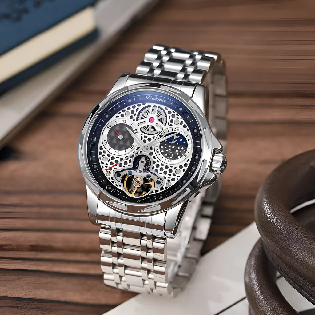 Men's waterproof automatic watch with luminous hands on a steel bracelet and black dial.