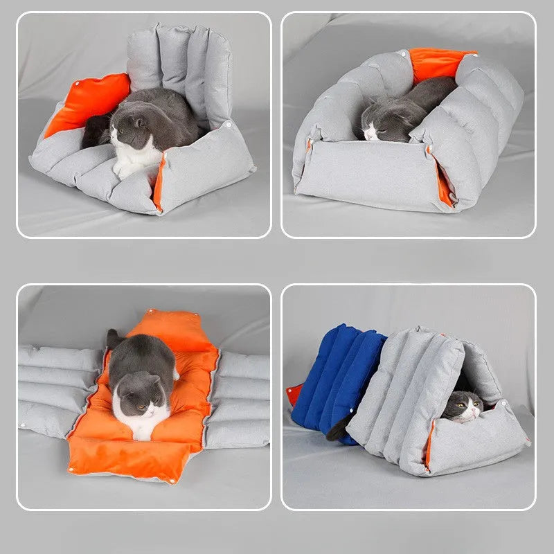 Blue triangular cat sofa bed with drilled holes for combination, removable cotton cover