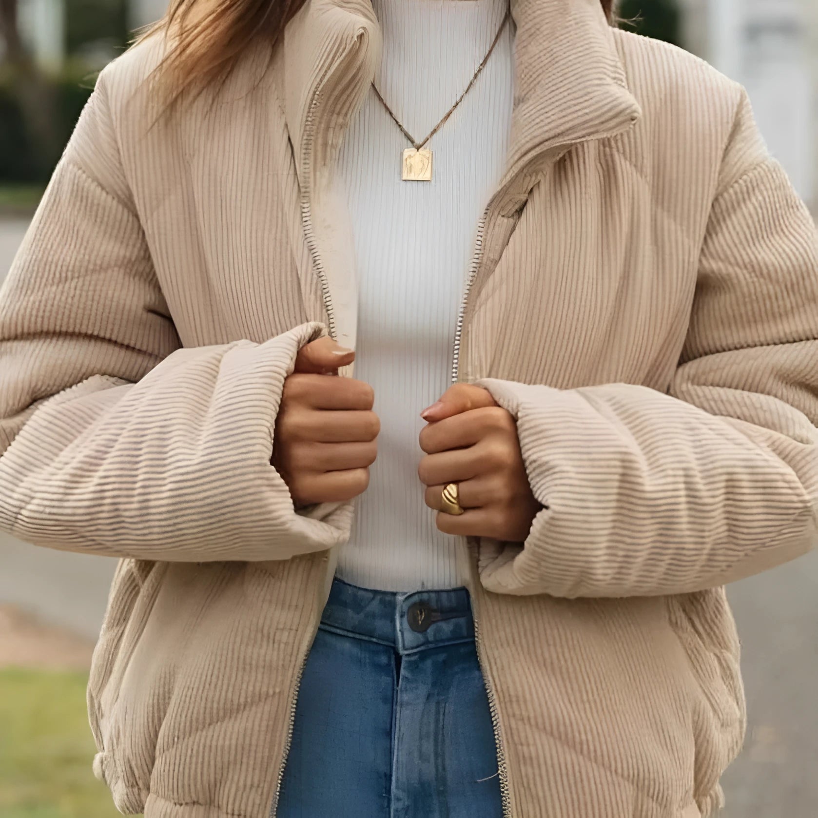 Apricot corduroy women's jacket with stand collar, long sleeves and front zipper