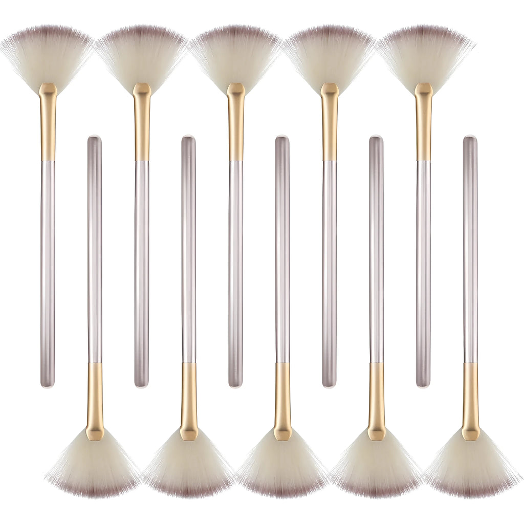10 professional facial fan brushes with champagne finish acrylic handles and soft fibre bristles