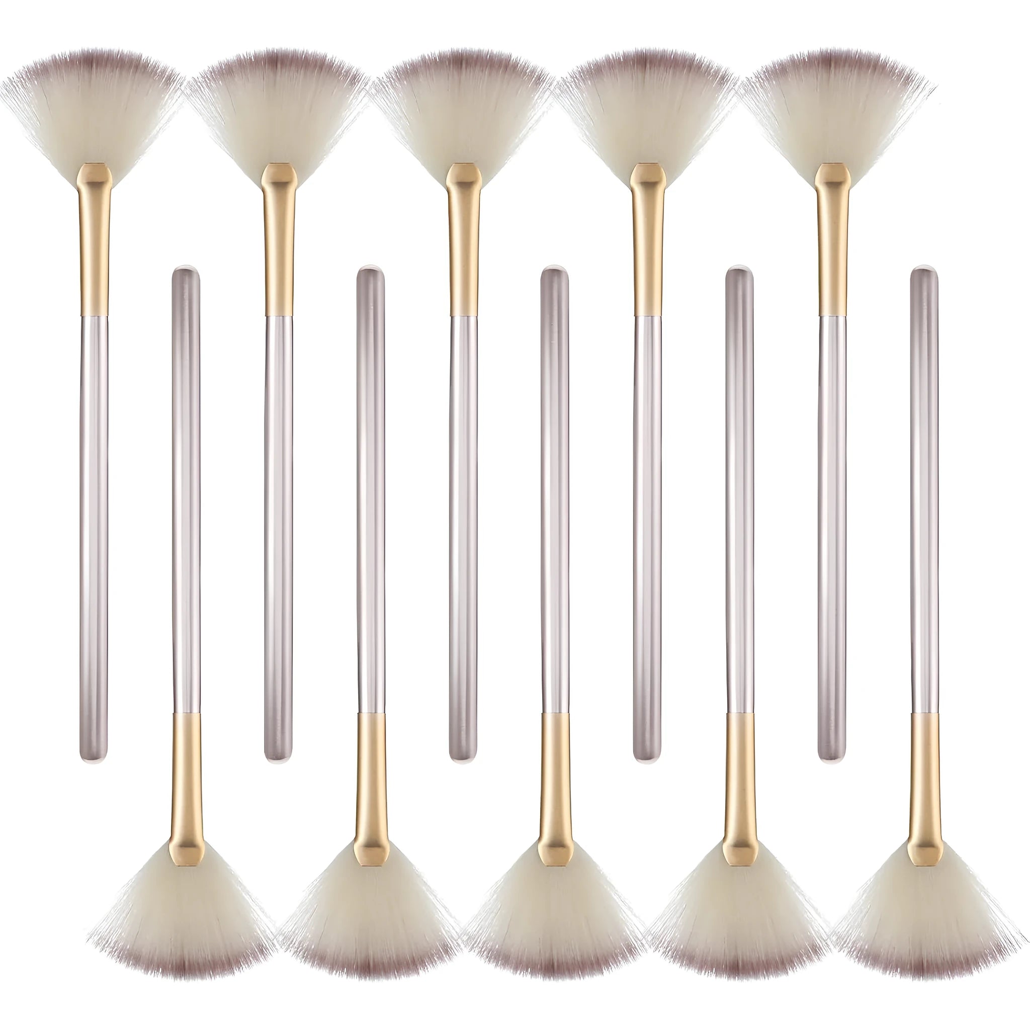 10 professional facial fan brushes with champagne finish acrylic handles and soft fibre bristles