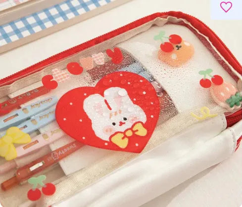 Japanese transparent heart pen bag with Korean style design in pink cake rabbit pattern