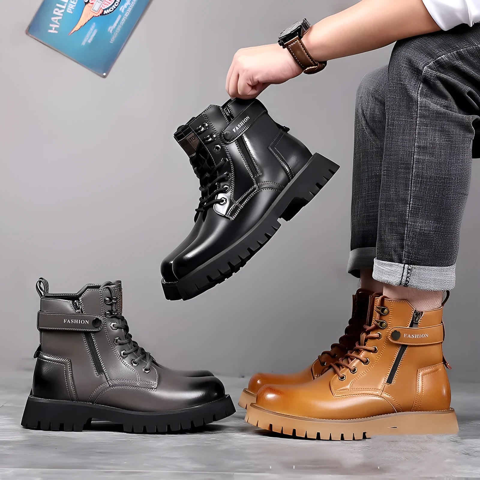 Men's light brown high-top side-zip Martin boots with round toe and thick rubber sole