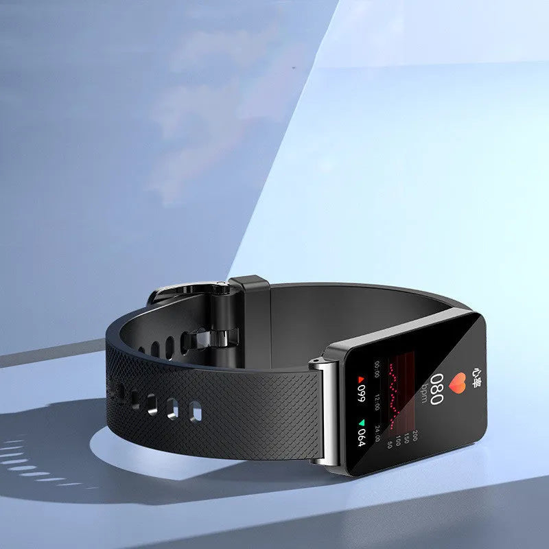 EP08 smart health bracelet with blood glucose tracking on a wrist, showing touch screen and TPU strap.