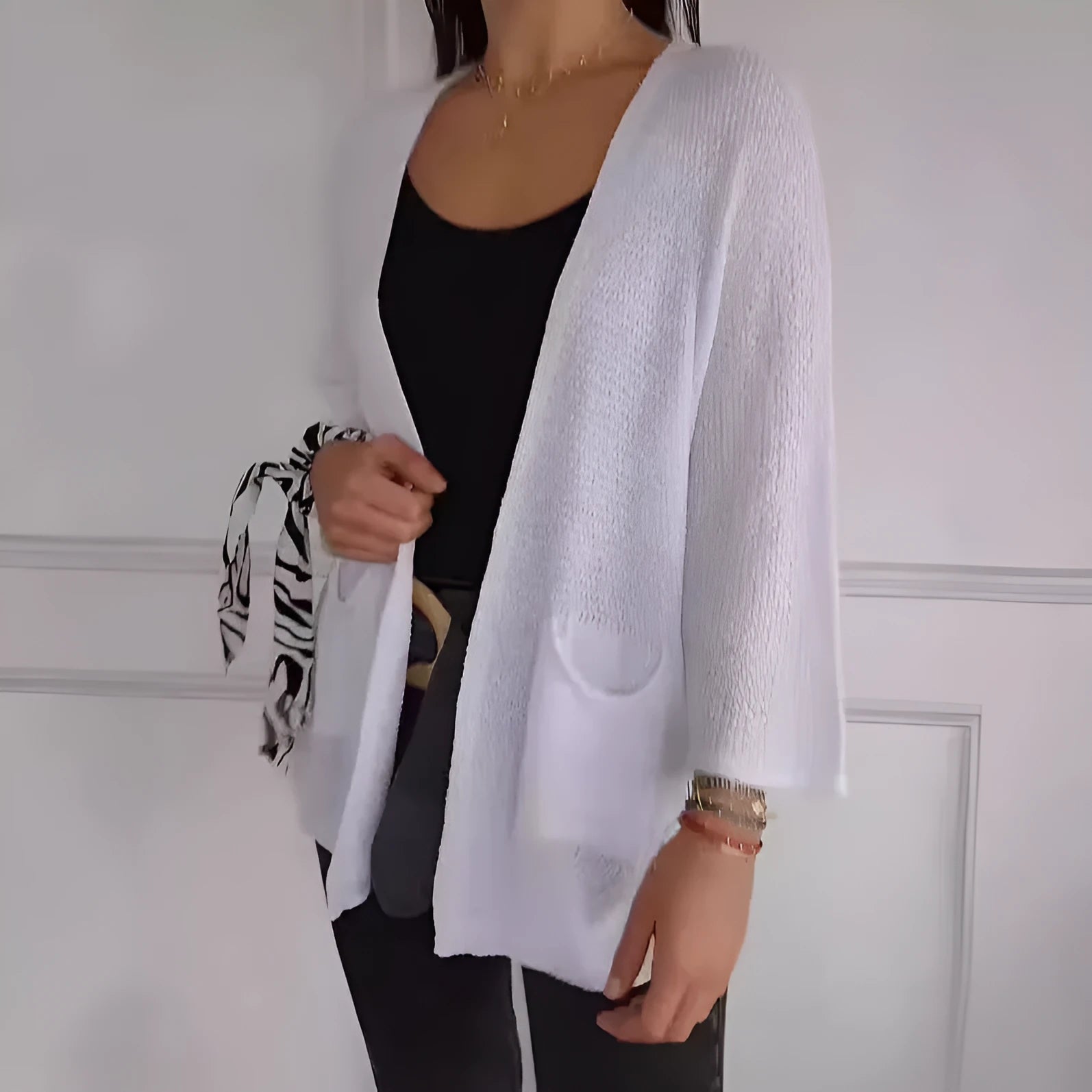 Women's waffle texture cardigan coat with nine-quarter sleeves in army green colour showing pocket details