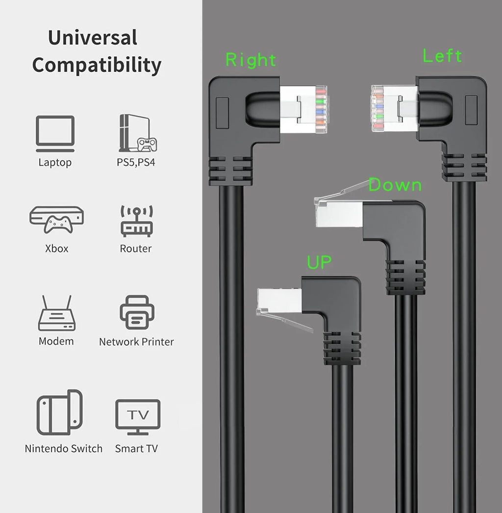 Cat6 Ethernet cable with right-angle RJ45 connector in black colour option