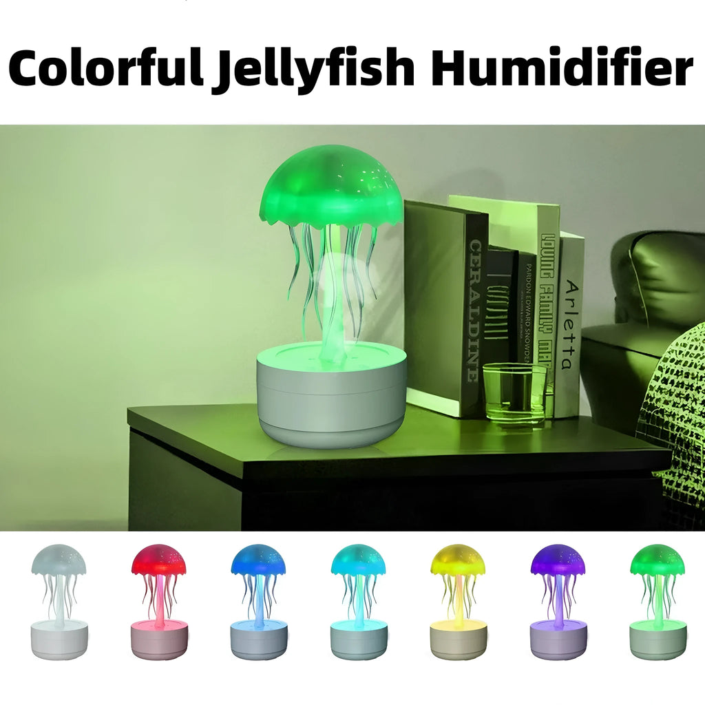 White jellyfish design humidifier and essential oil diffuser with colourful LED night light on desktop