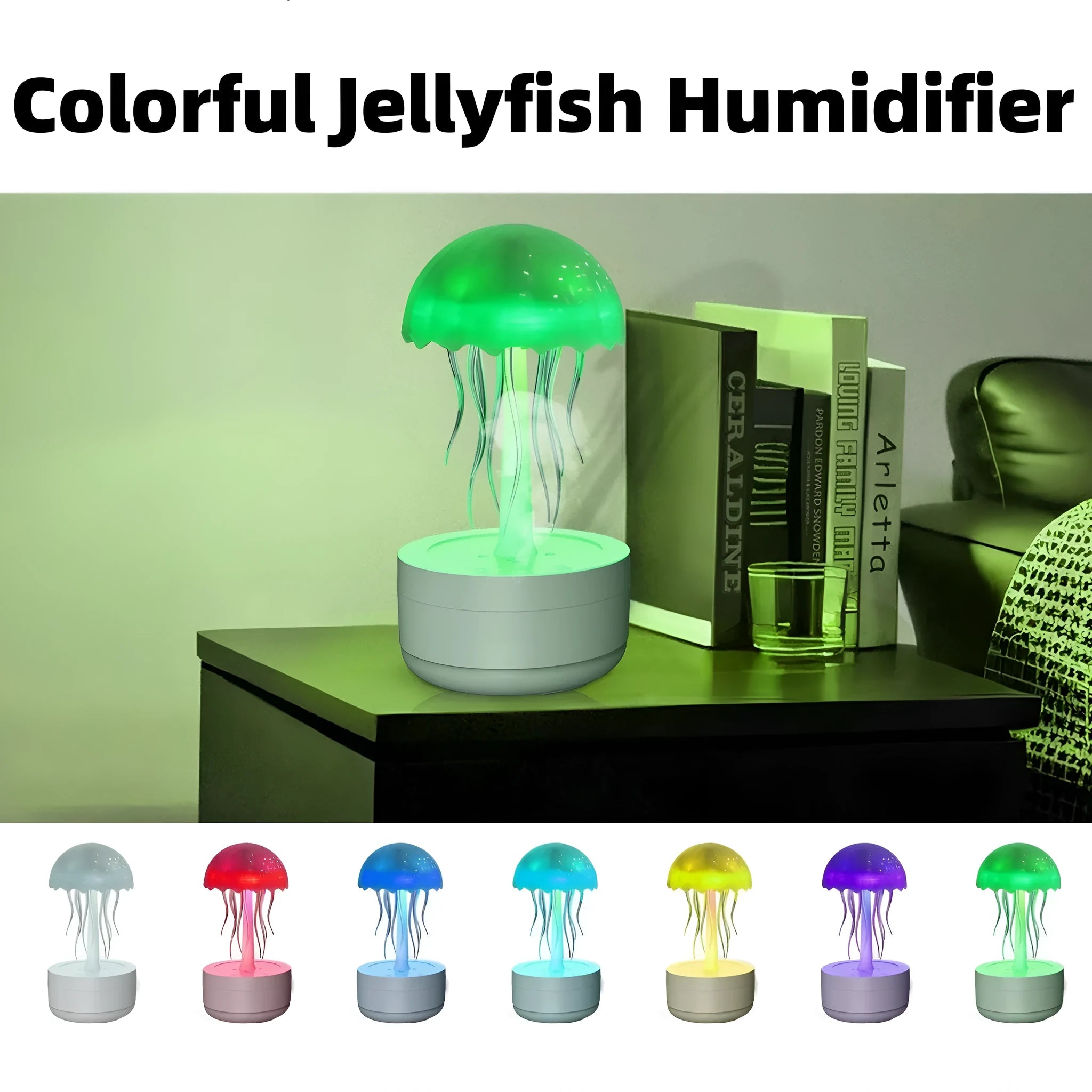 White jellyfish design humidifier and essential oil diffuser with colourful LED night light on desktop