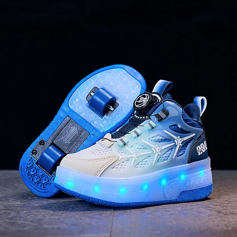 Blue children's roller skating shoes showing flash knob adjustment system and PVC sole