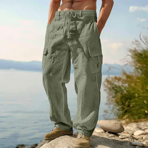 Men's cotton wide-leg trousers in light army green colour with mid-waist design