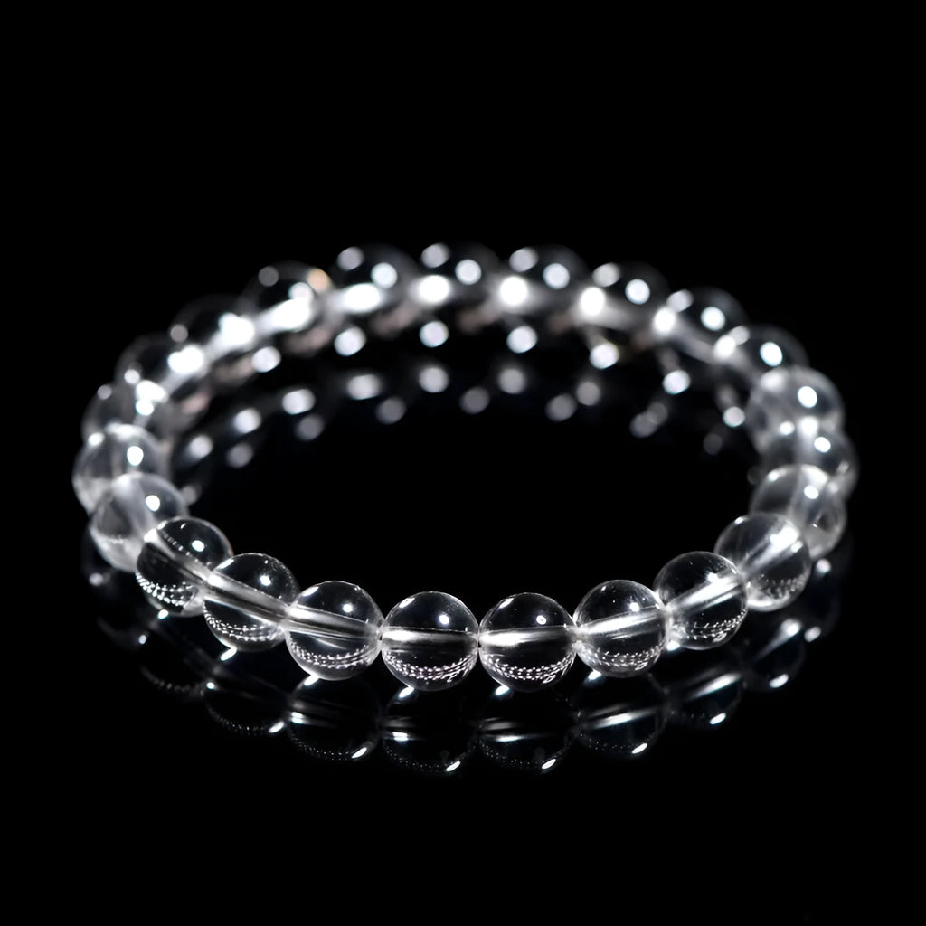 Natural Donghai Old Mine white crystal round bead bracelet on a wrist, showing geometric single strand design.
