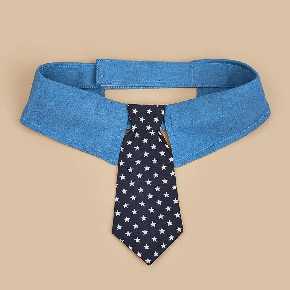 Denim dog collar with blue star pattern and red necktie on adjustable fastener tape.