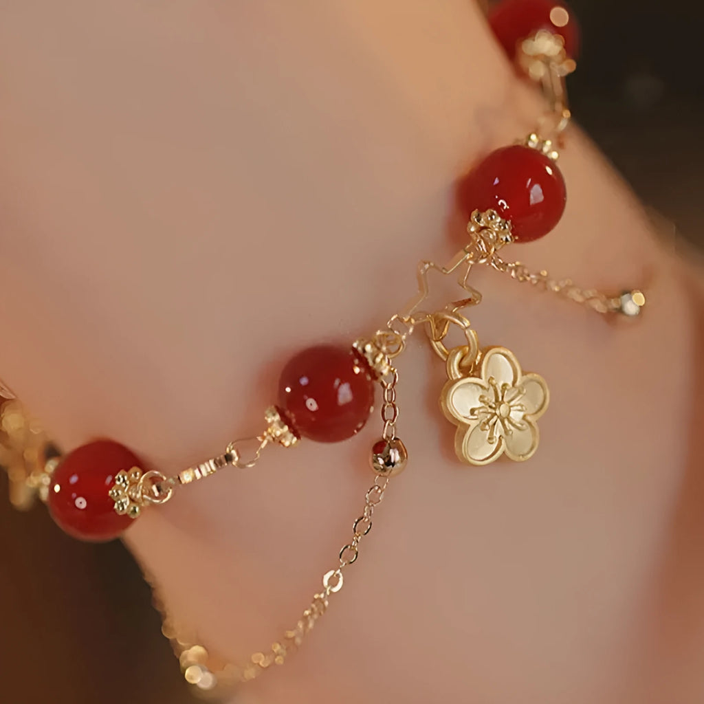Red agate double layer bracelet with floral and peach blossom motifs