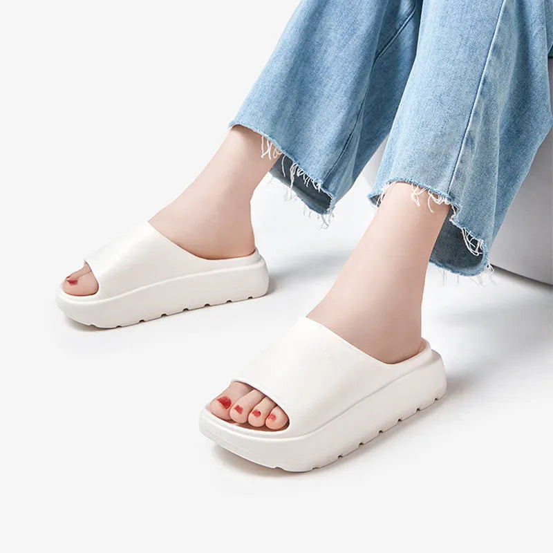 Women's thick-soled fish mouth beach slippers in beige with 5.5cm EVA soles