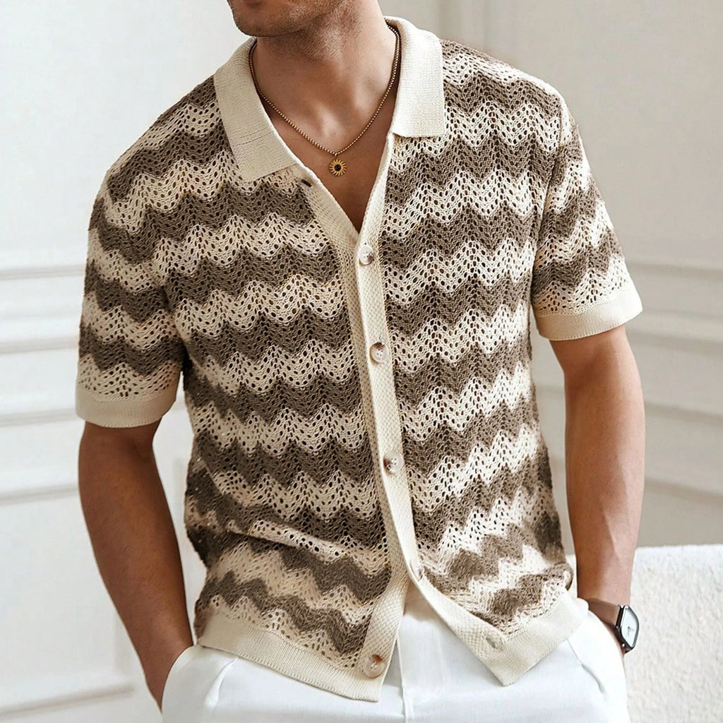 Men's blue short-sleeve sweater with a textured hollow jacquard corrugated pattern.