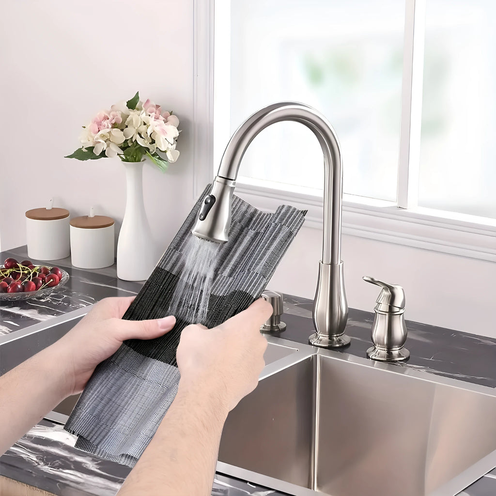 PVC kitchen dish mat in gradient bamboo design protecting counter next to sink