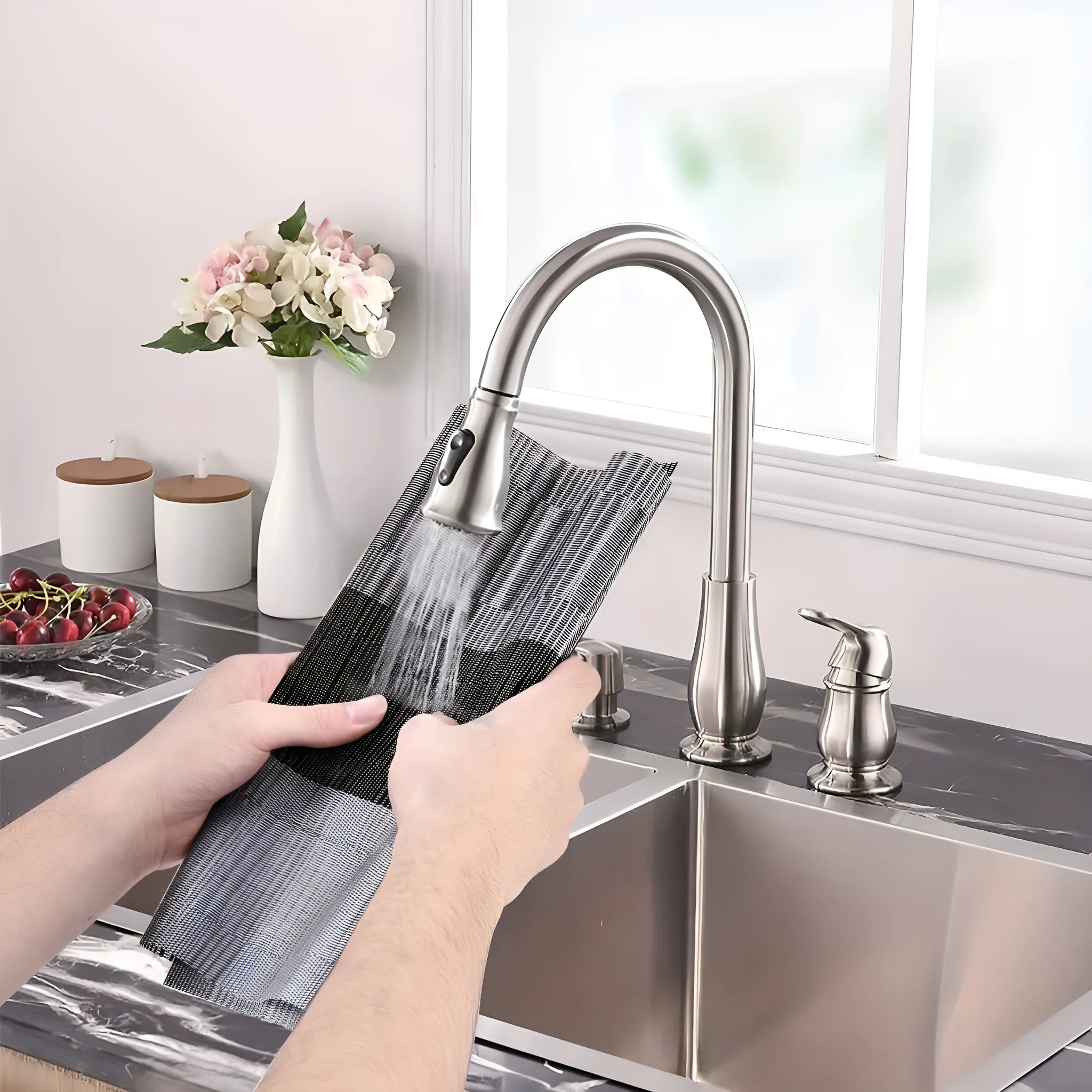 PVC kitchen dish mat in gradient bamboo design protecting counter next to sink