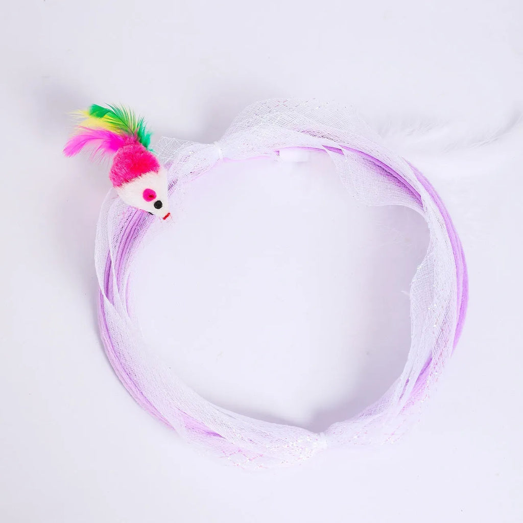 S-shaped cat tunnel toy with steel wire frame, elastic netting walls, and colourful feather attachments