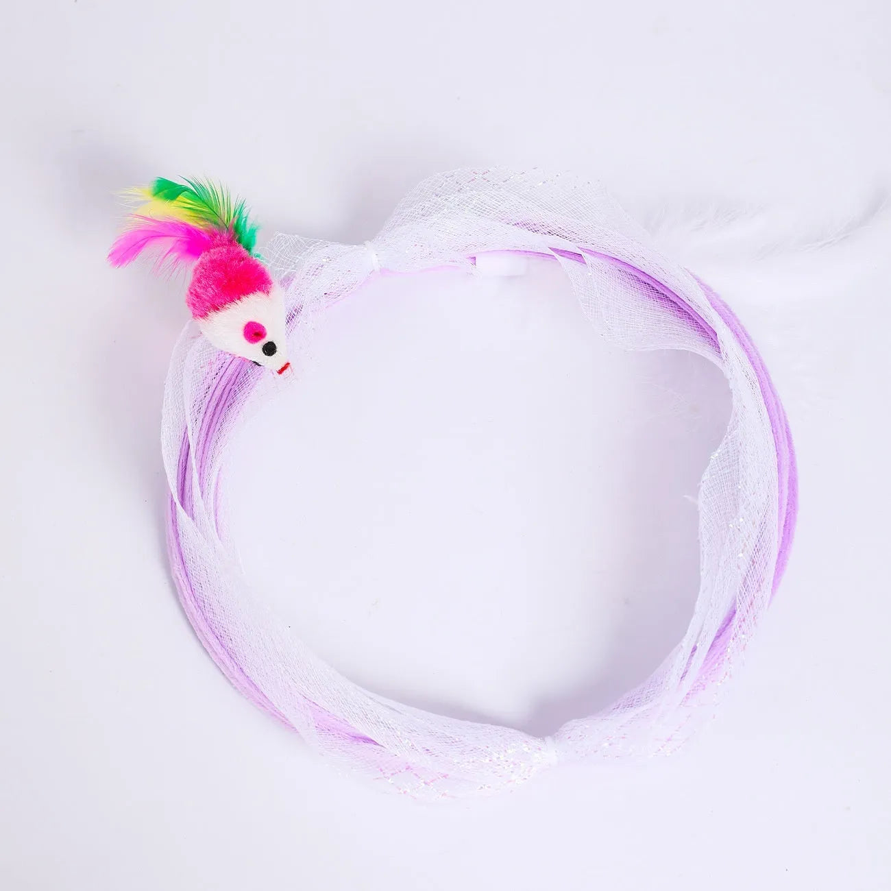 S-shaped cat tunnel toy with steel wire frame, elastic netting walls, and colourful feather attachments