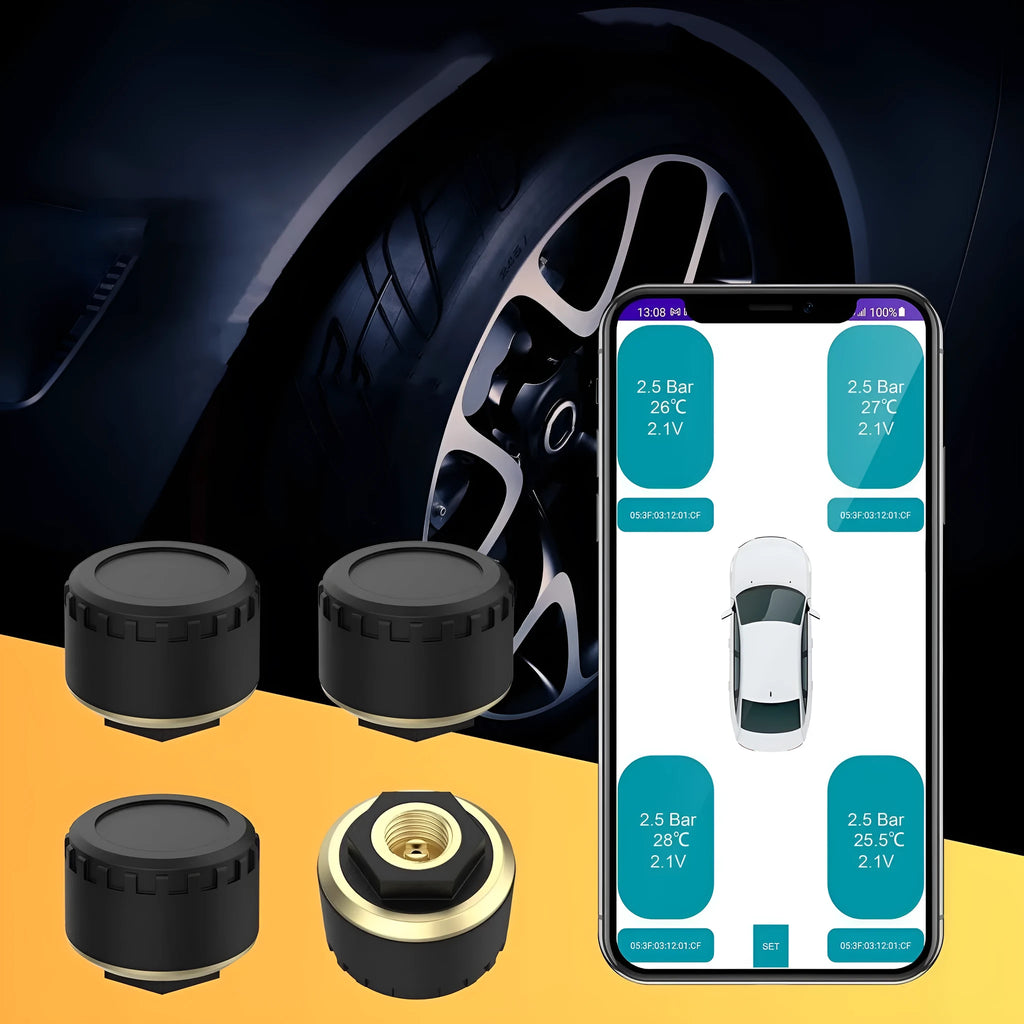 Bluetooth tyre pressure monitoring system showing four black sensors for smartphone display