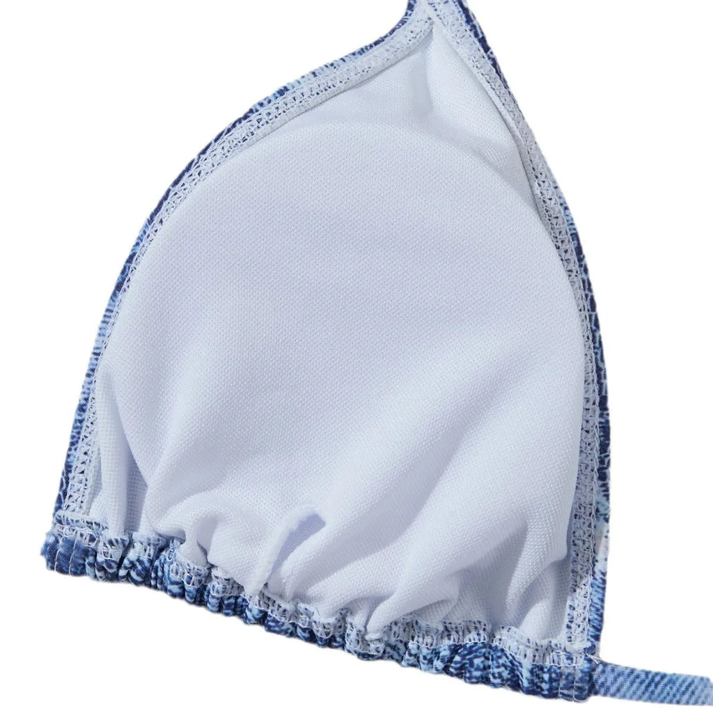 Women's denim blue print bikini set with strap detailing on polyester blend fabric