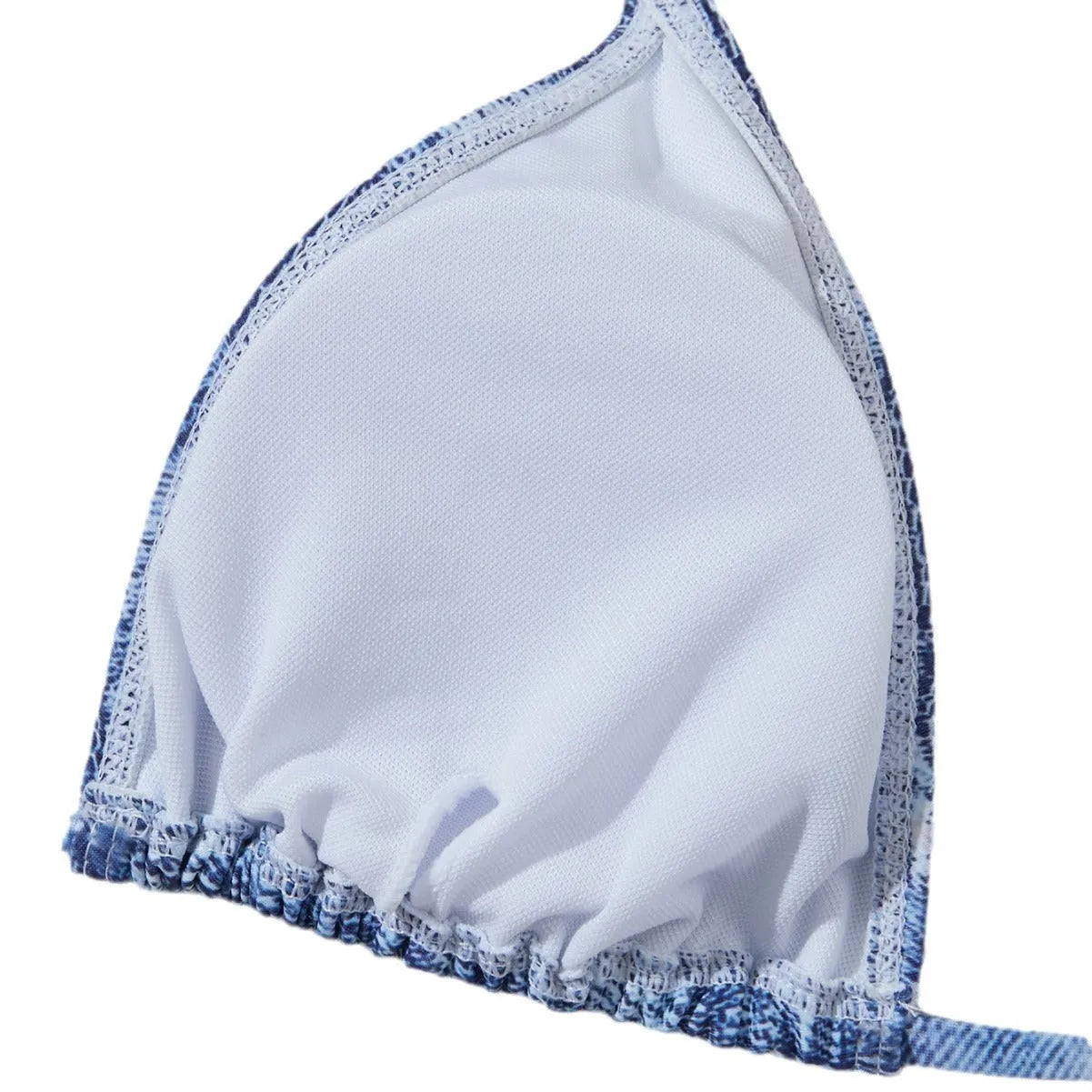 Women's denim blue print bikini set with strap detailing on polyester blend fabric