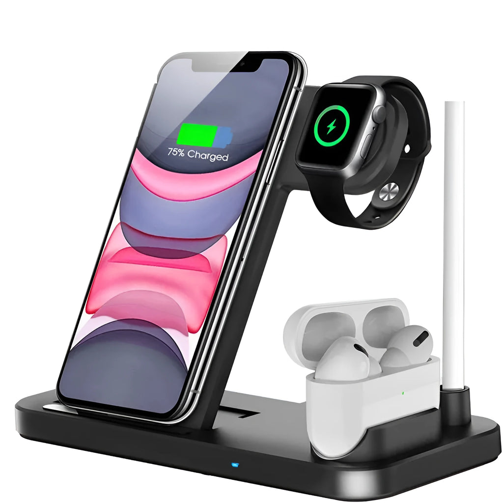 Folding 4-in-1 wireless charger showing MagSafe pad for iPhone and Apple Pencil charger in Space Grey colour.