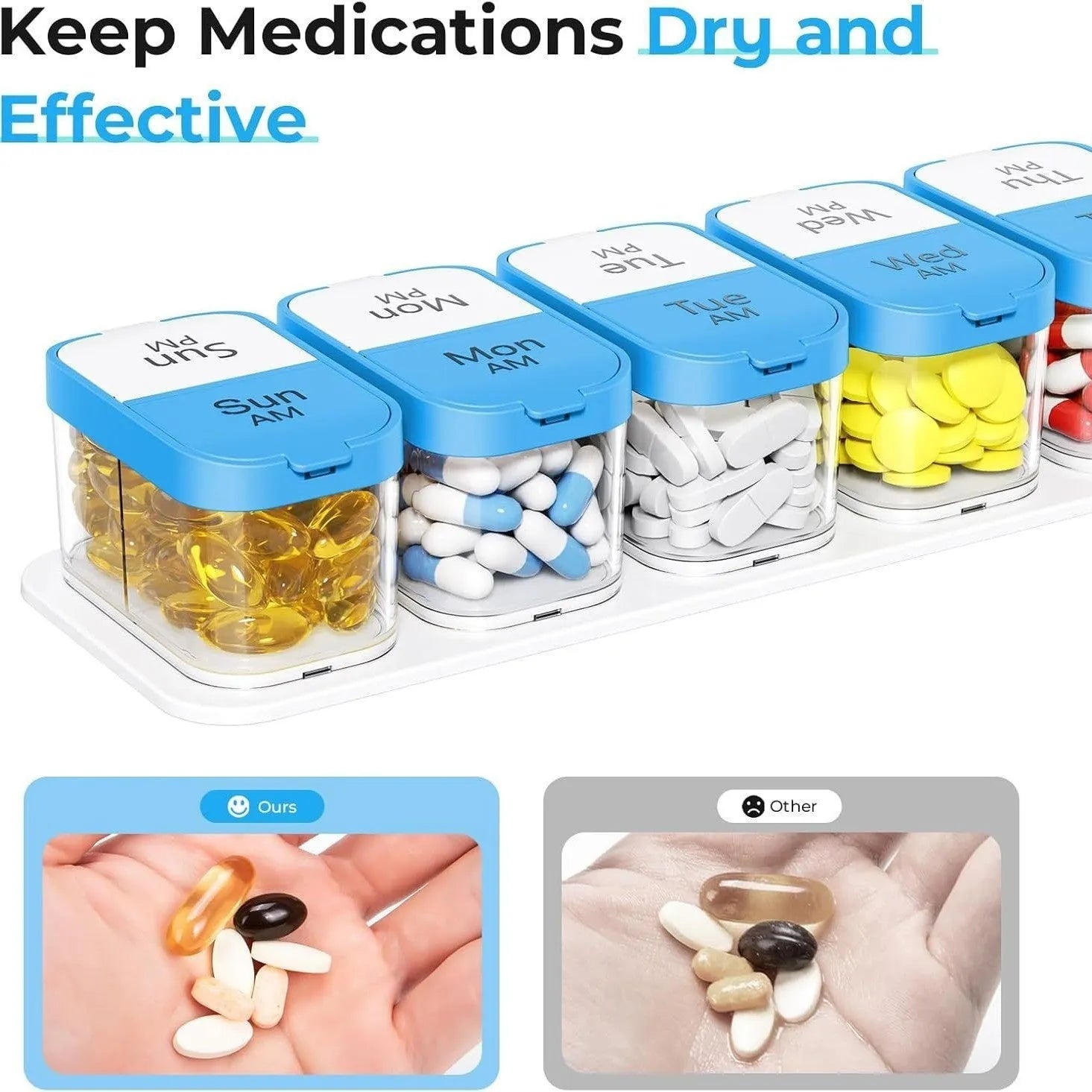 Amazon portable pill dispenser with 14 removable compartments in rainbow colour option