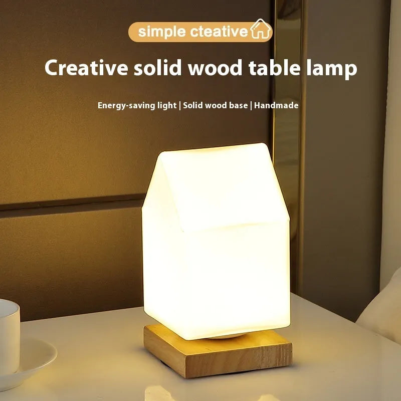 Nordic solid wood USB table lamp in white cube design with touch dimming controls