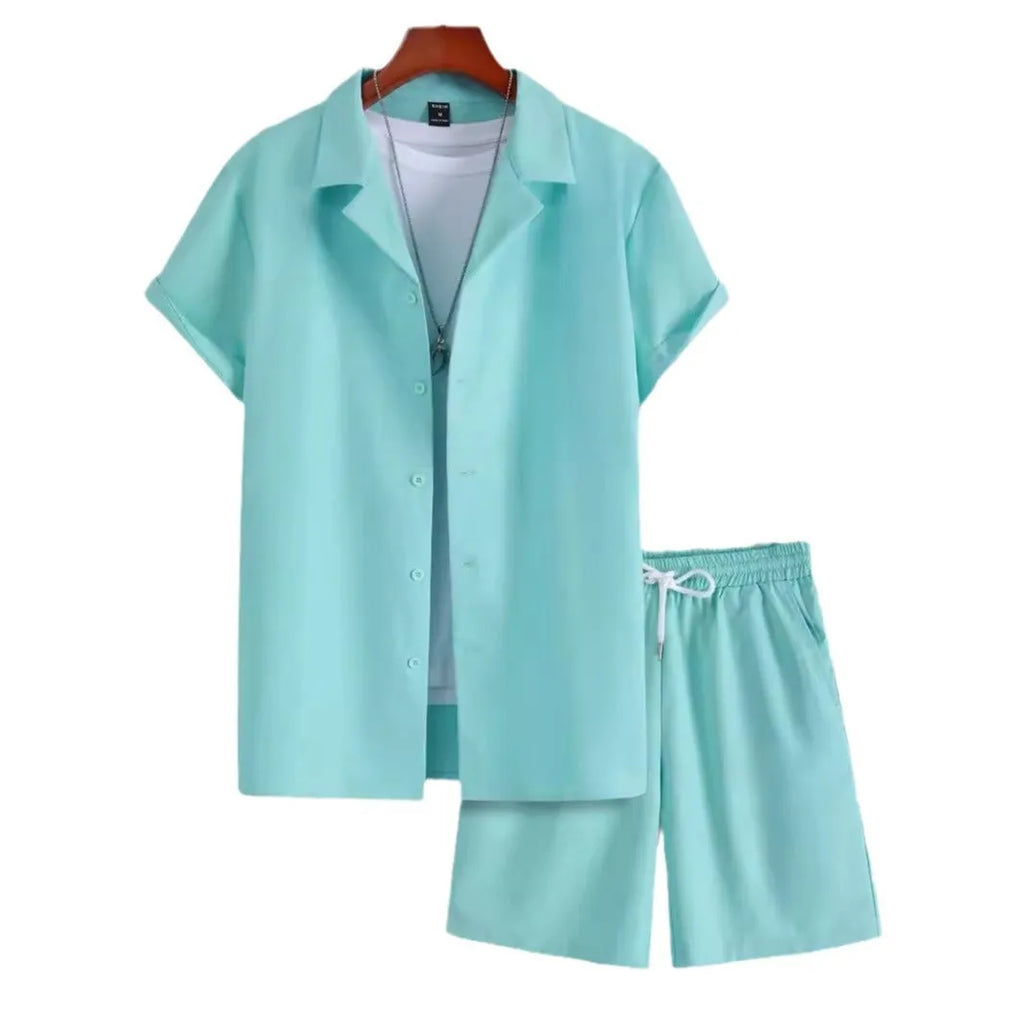 Men's short sleeve Cuban collar sport suit with matching shorts in thin polyester fabric