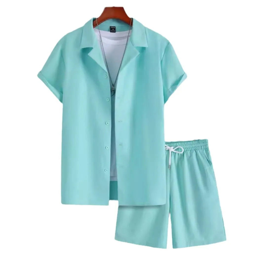 Men's short sleeve Cuban collar sport suit with matching shorts in thin polyester fabric