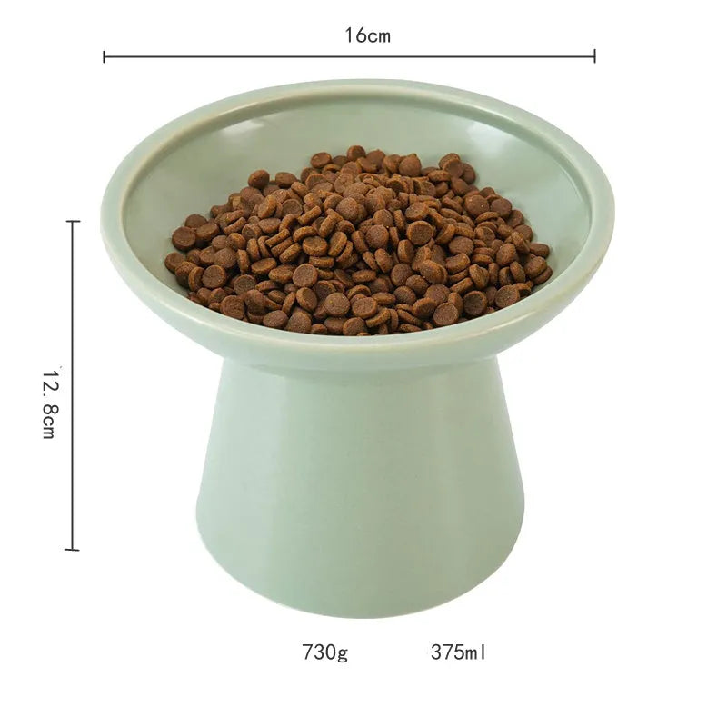 Extra wide elevated ceramic cat food and water bowl set in blue, green, pink, or white
